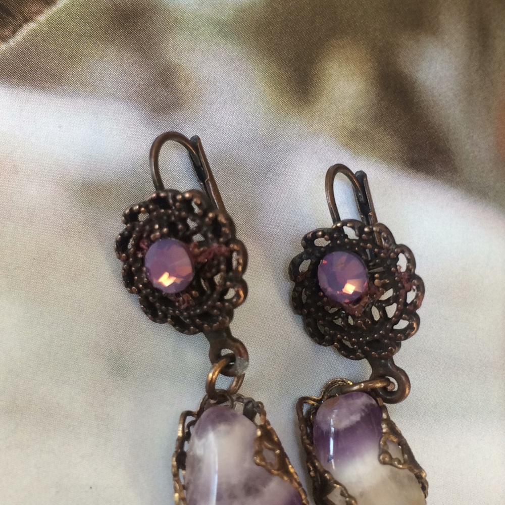 Natural stone , Swarovski  rhinestones with natural brass  and stone earrings - Picture 6 of 6